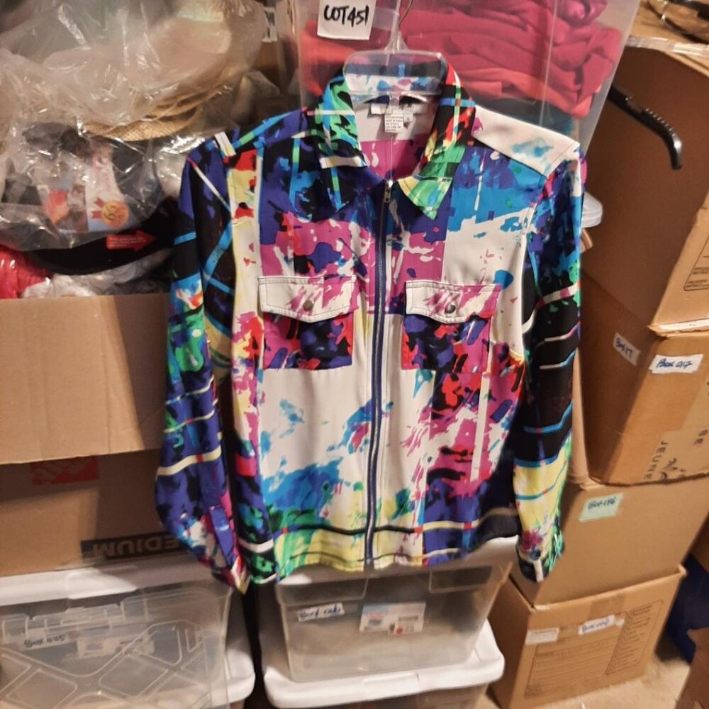 NEW TAG ! Tracy M Georgette Zipper Abstract Print LSleeve Roll Chest Pocket Sz S
